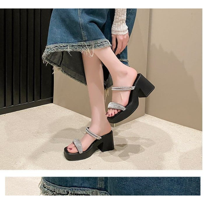 Chunky Heel Square Toe Rhinestone Strap Sandals