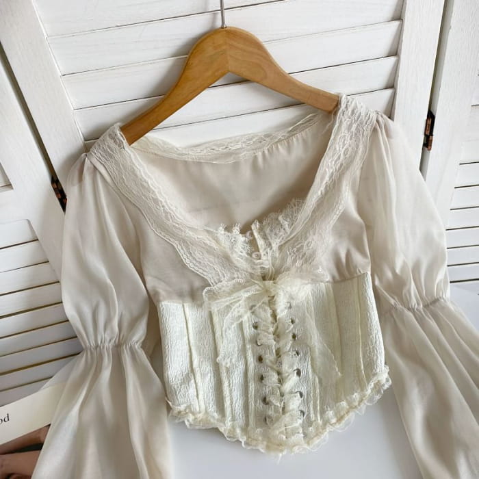 Cinched Sleeve Square Neck Plain Lace Up Panel Blouse