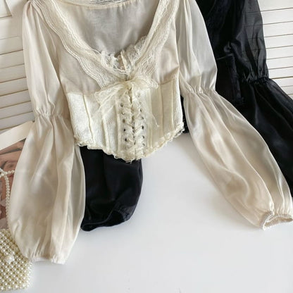 Cinched Sleeve Square Neck Plain Lace Up Panel Blouse