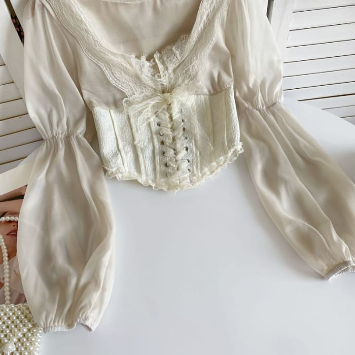 Cinched Sleeve Square Neck Plain Lace Up Panel Blouse