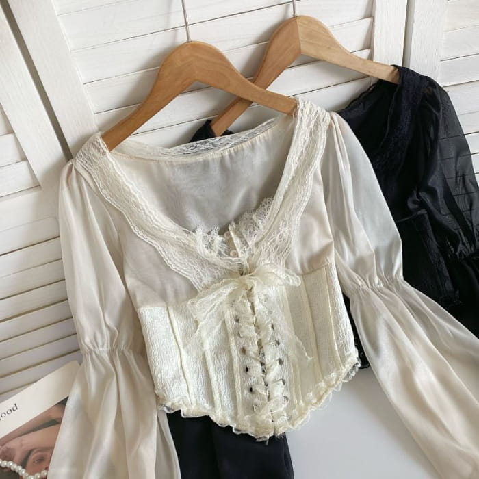 Cinched Sleeve Square Neck Plain Lace Up Panel Blouse