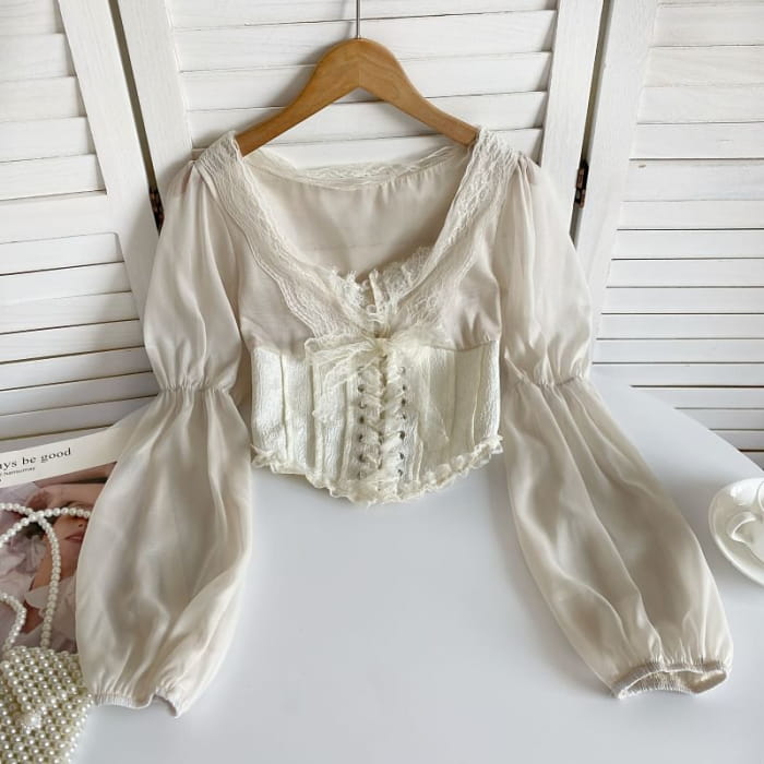 Cinched Sleeve Square Neck Plain Lace Up Panel Blouse