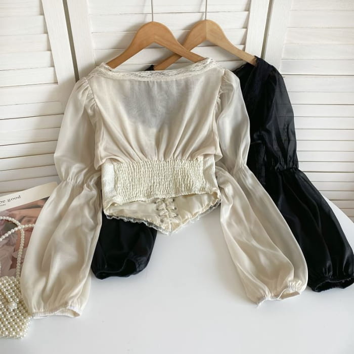 Cinched Sleeve Square Neck Plain Lace Up Panel Blouse