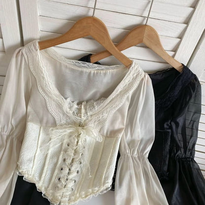 Cinched Sleeve Square Neck Plain Lace Up Panel Blouse