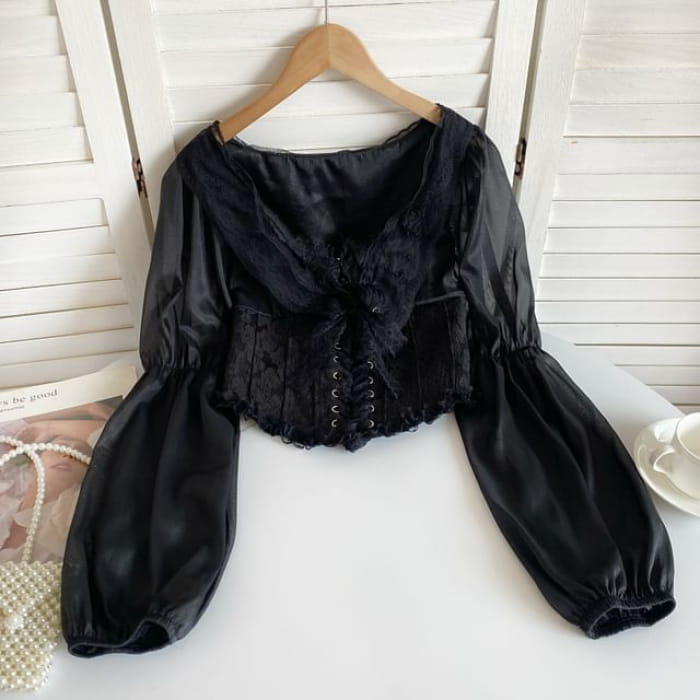 Cinched Sleeve Square Neck Plain Lace Up Panel Blouse