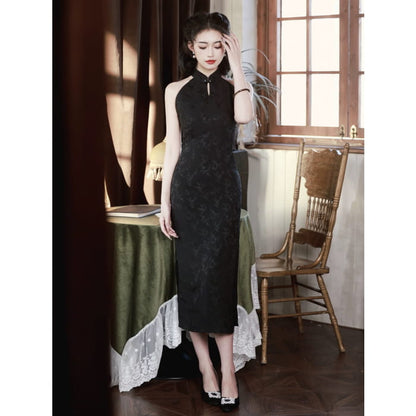 Classic Black Sleeveless Long Cheongsam - S - Female Hanfu