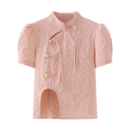 Classic Buckle Puff Sleeve Irregular Split T-Shirt - Pink