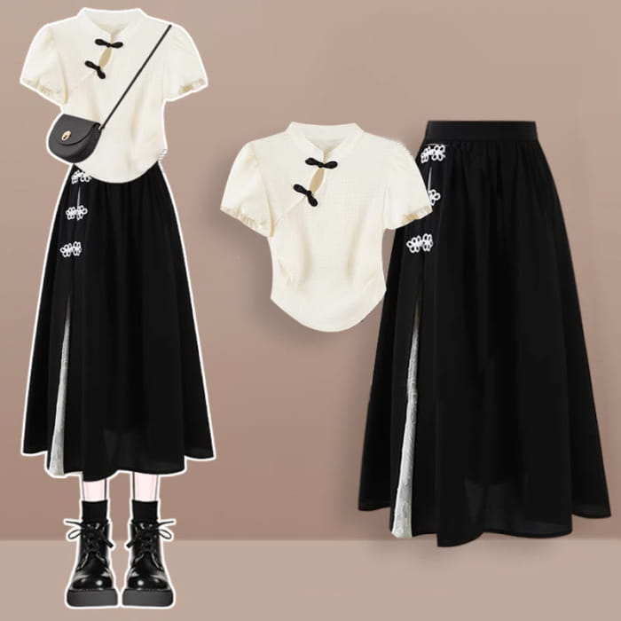 Classic Floral Shirt High Waist Skirt - Set C / M