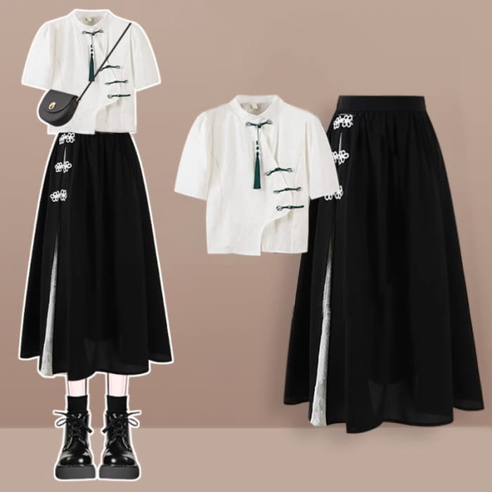 Classic Floral Shirt High Waist Skirt - Set D / M