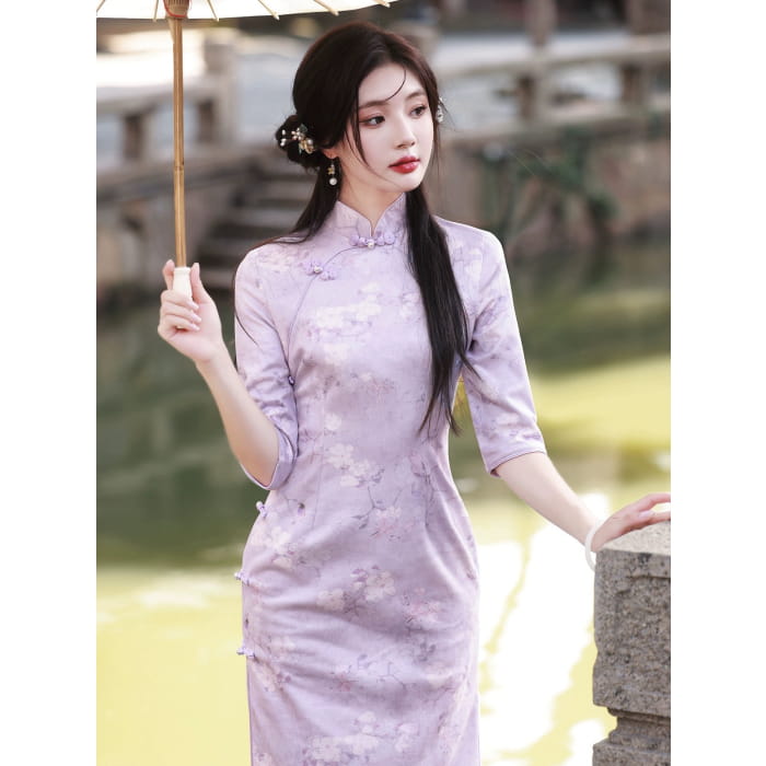 Classic Purple Floral Cheongsam - Female Hanfu