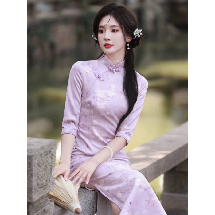 Classic Purple Floral Cheongsam - Female Hanfu