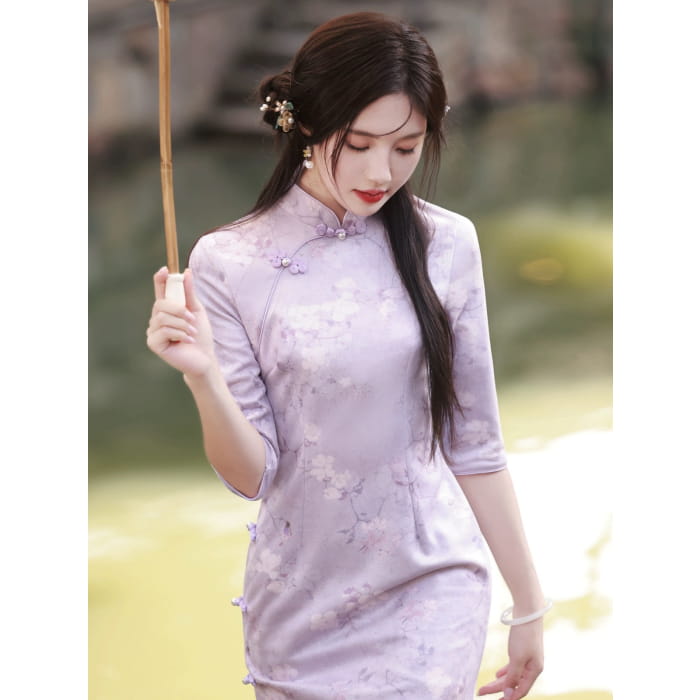 Classic Purple Floral Cheongsam - Female Hanfu