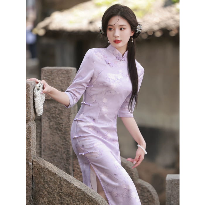 Classic Purple Floral Cheongsam - Female Hanfu