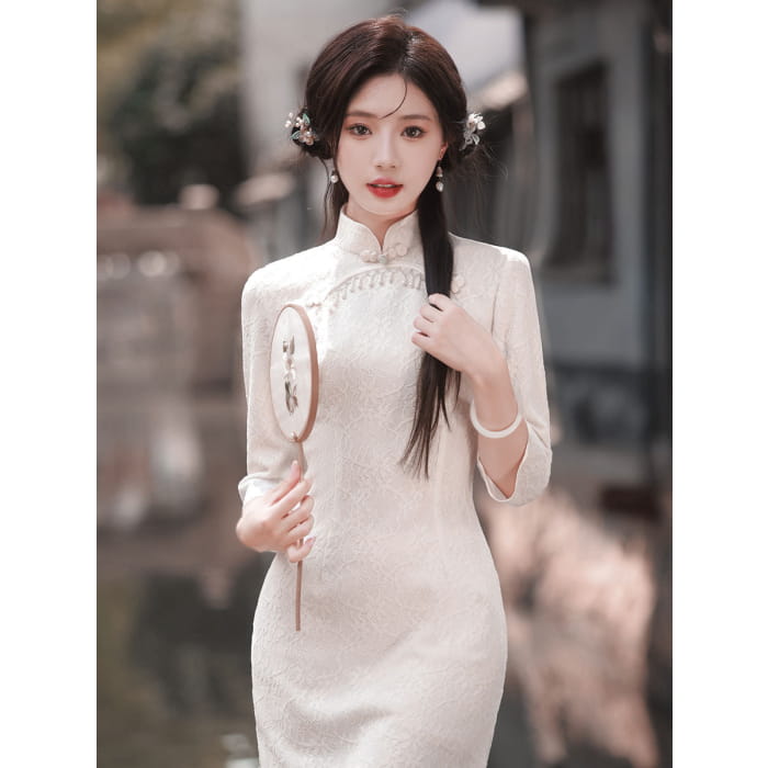 Classic Textured Long Sleeve Cheongsam - Female Hanfu