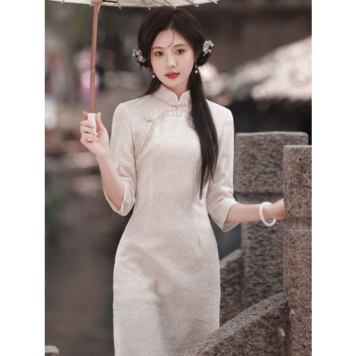 Classic Textured Long Sleeve Cheongsam - Female Hanfu