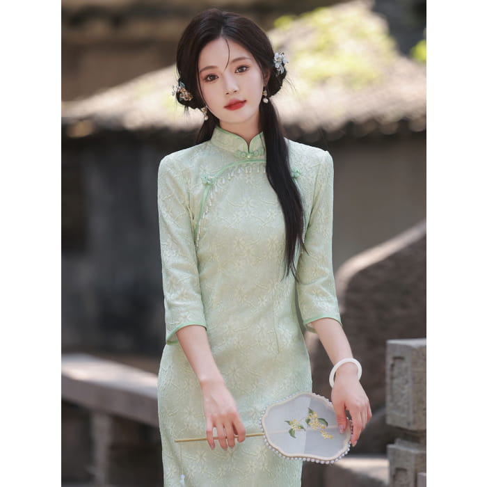 Classic Textured Long Sleeve Cheongsam - Female Hanfu