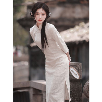 Classic Textured Long Sleeve Cheongsam - Female Hanfu