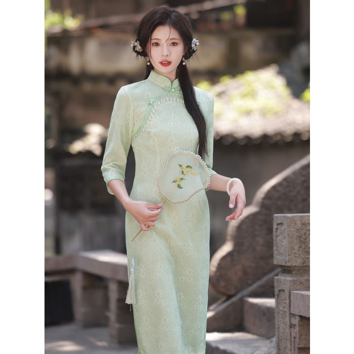 Classic Textured Long Sleeve Cheongsam - Female Hanfu