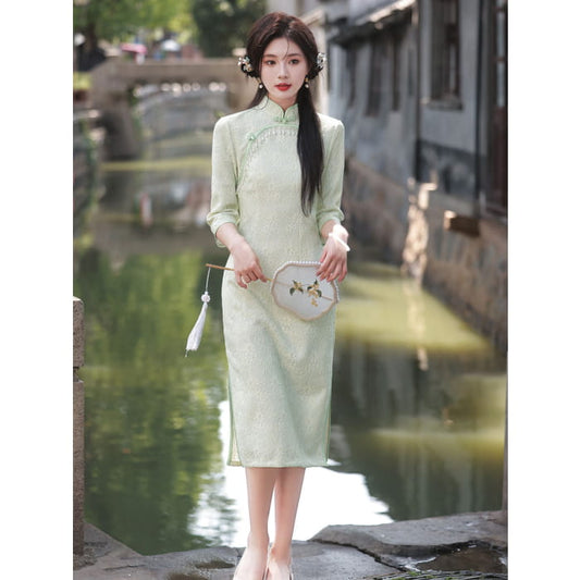 Classic Textured Long Sleeve Cheongsam - S / Green - Female