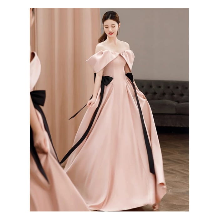 Cold-Shoulder Plain Bow A-Line Evening Gown - Dress