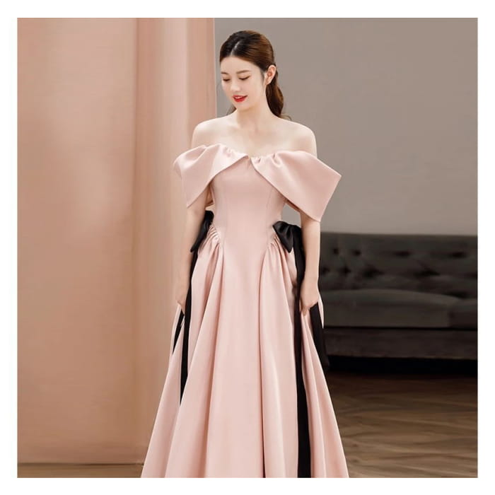 Cold-Shoulder Plain Bow A-Line Evening Gown - Dress