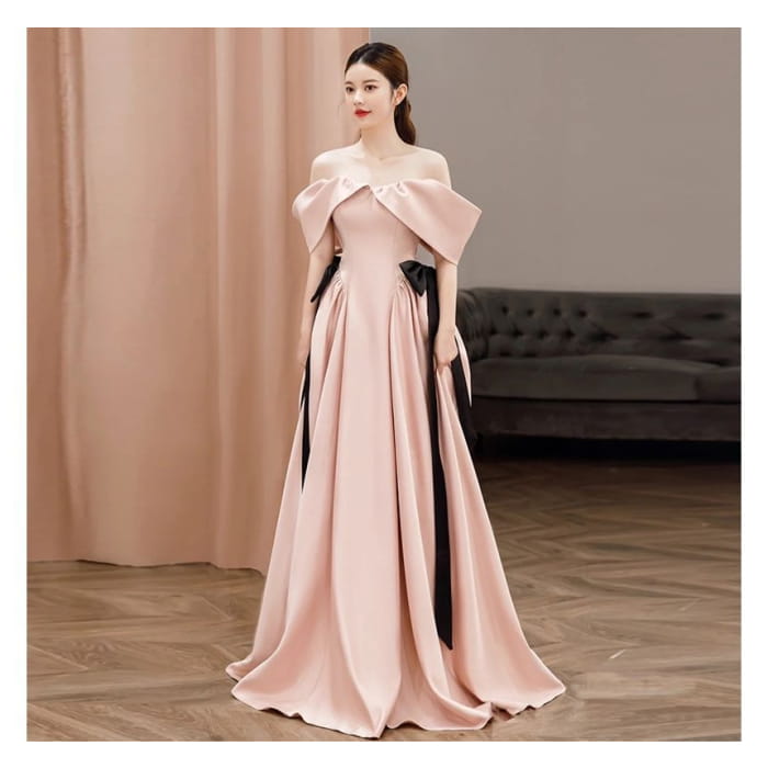 Cold-Shoulder Plain Bow A-Line Evening Gown - Dress