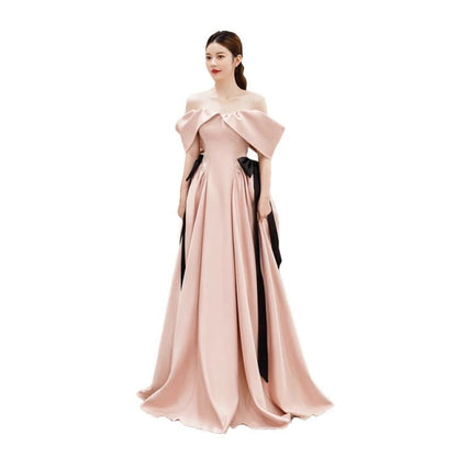 Cold-Shoulder Plain Bow A-Line Evening Gown - Dress