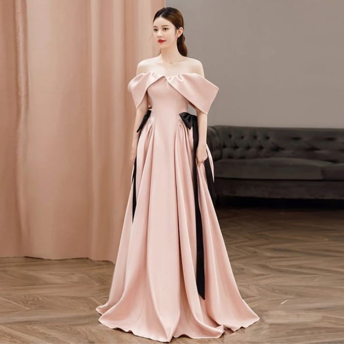 Cold-Shoulder Plain Bow A-Line Evening Gown - Dress