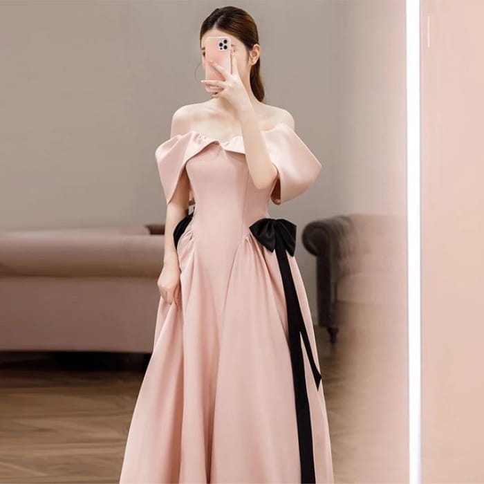 Cold-Shoulder Plain Bow A-Line Evening Gown - Pink / XS