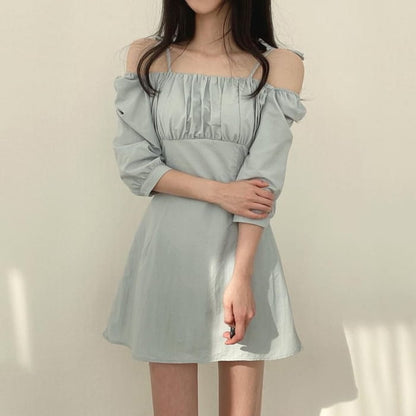 Cold-Shoulder Plain Mini A-Line Dress