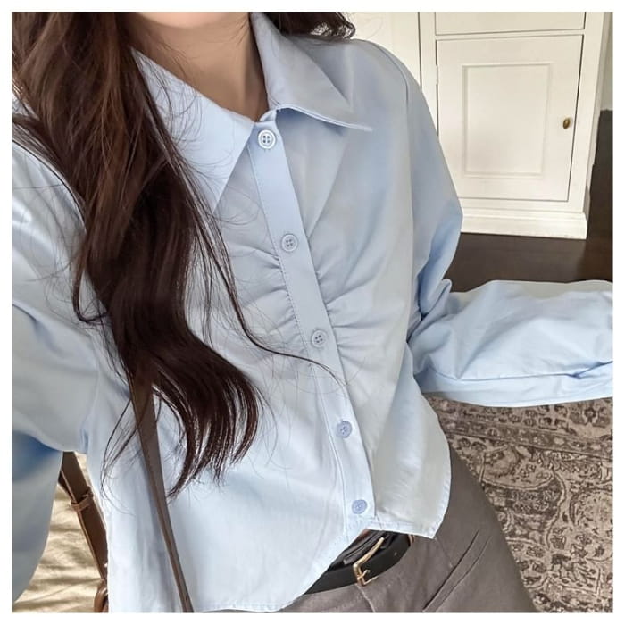 Collared Plain Ruched Shirt