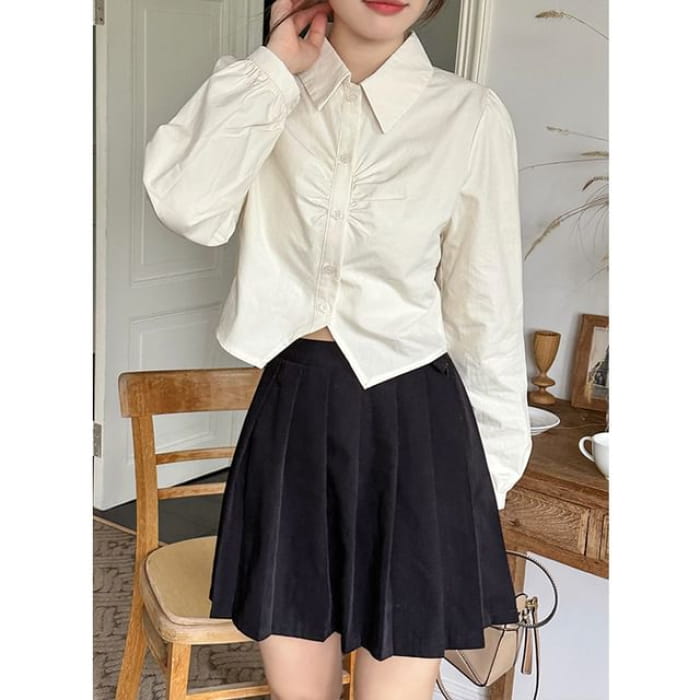 Collared Plain Ruched Shirt - Almond / One Size