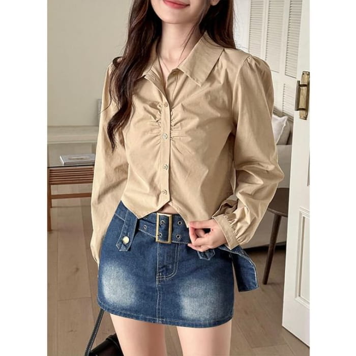 Collared Plain Ruched Shirt - Khaki / One Size