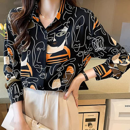 Color Abstract Graffiti Print Chiffon Shirt