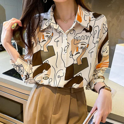 Color Abstract Graffiti Print Chiffon Shirt - White / M