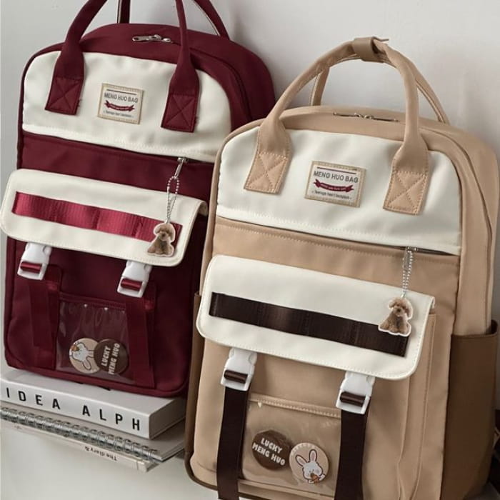 Color Block Top Handle Backpack / Charm / Set - Backpacks