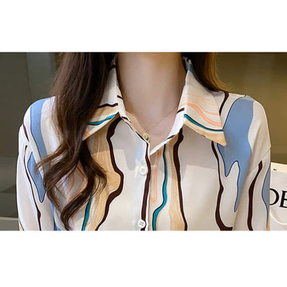 Colorblock Abstract Print Lapel Shirt Workwear