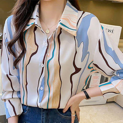 Colorblock Abstract Print Lapel Shirt Workwear