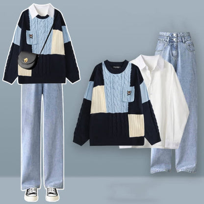 Colorblock Cable Knit Sweater Shirt Denim Pants Set - Blue