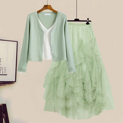 Colorblock Fake Shirt Tulle Tiered Skirt Set