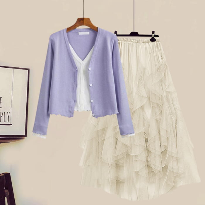 Colorblock Fake Shirt Tulle Tiered Skirt Set