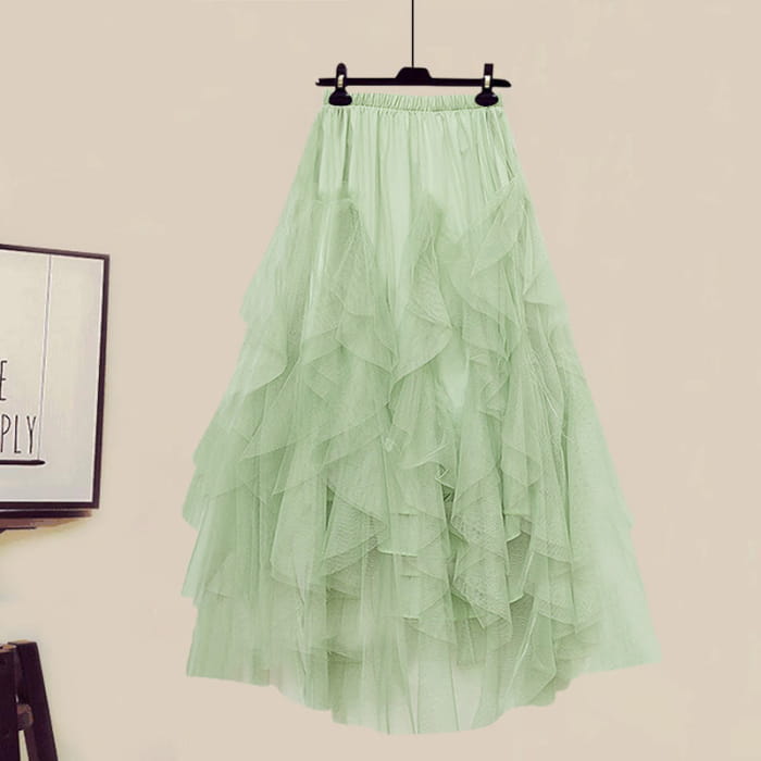 Colorblock Fake Shirt Tulle Tiered Skirt Set - Green / M