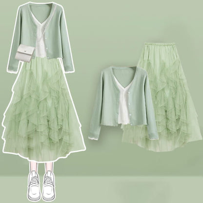 Colorblock Fake Shirt Tulle Tiered Skirt Set - Green Shirt