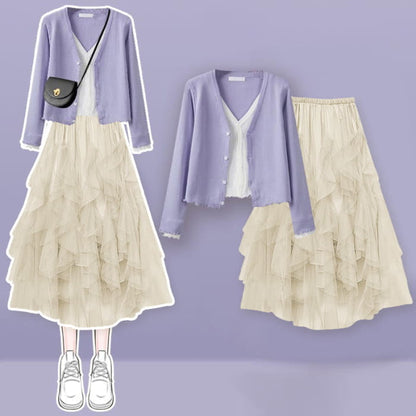 Colorblock Fake Shirt Tulle Tiered Skirt Set - Purple Shirt