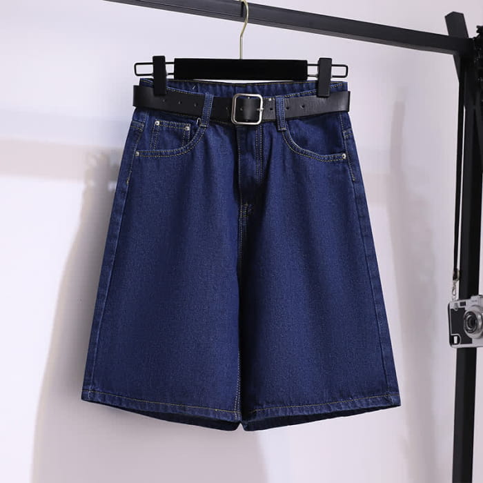 Colorblock Lapel T-Shirt Belted Denim Shorts - M