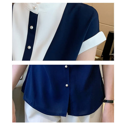 Colorblock Pearl Button Short Sleeve Shirt