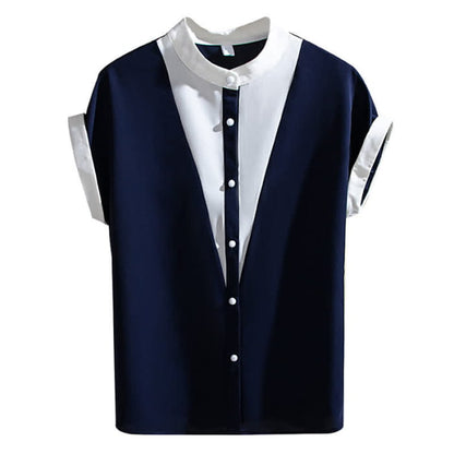 Colorblock Pearl Button Short Sleeve Shirt - Dark Blue / S