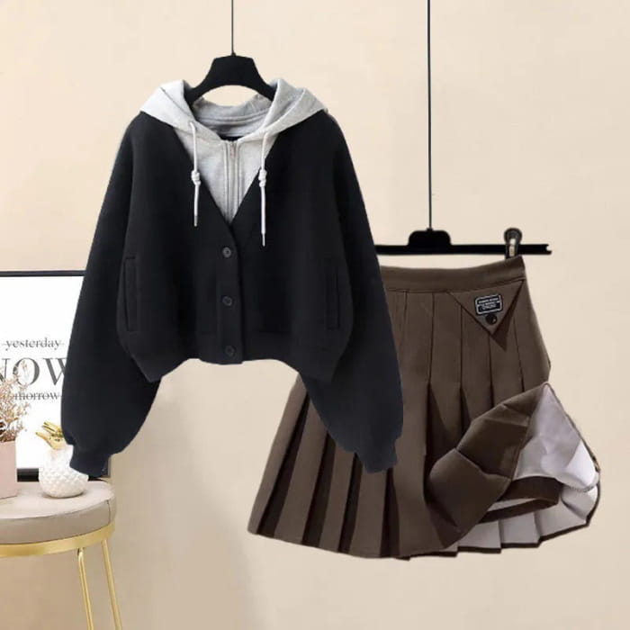 Colorblock Pocket Hoodie Pleated Skirt Set - Black Hoodie
