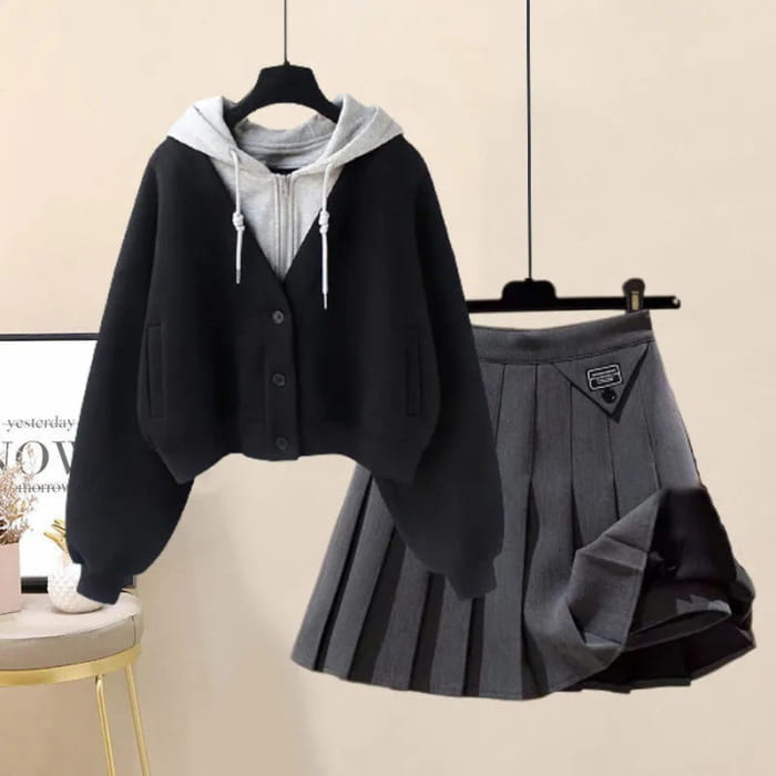 Colorblock Pocket Hoodie Pleated Skirt Set - Black Hoodie