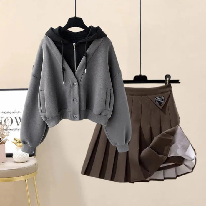 Colorblock Pocket Hoodie Pleated Skirt Set - Gray Hoodie